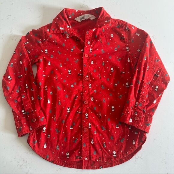 H&M Christmas Toddler Boy Button Up Shirt Size 3/4 Santa Dinosaur Snowman Red - Picture 1 of 4